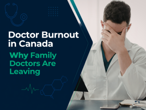 anadian family doctor experiencing burnout and administrative workload in a medical clinic